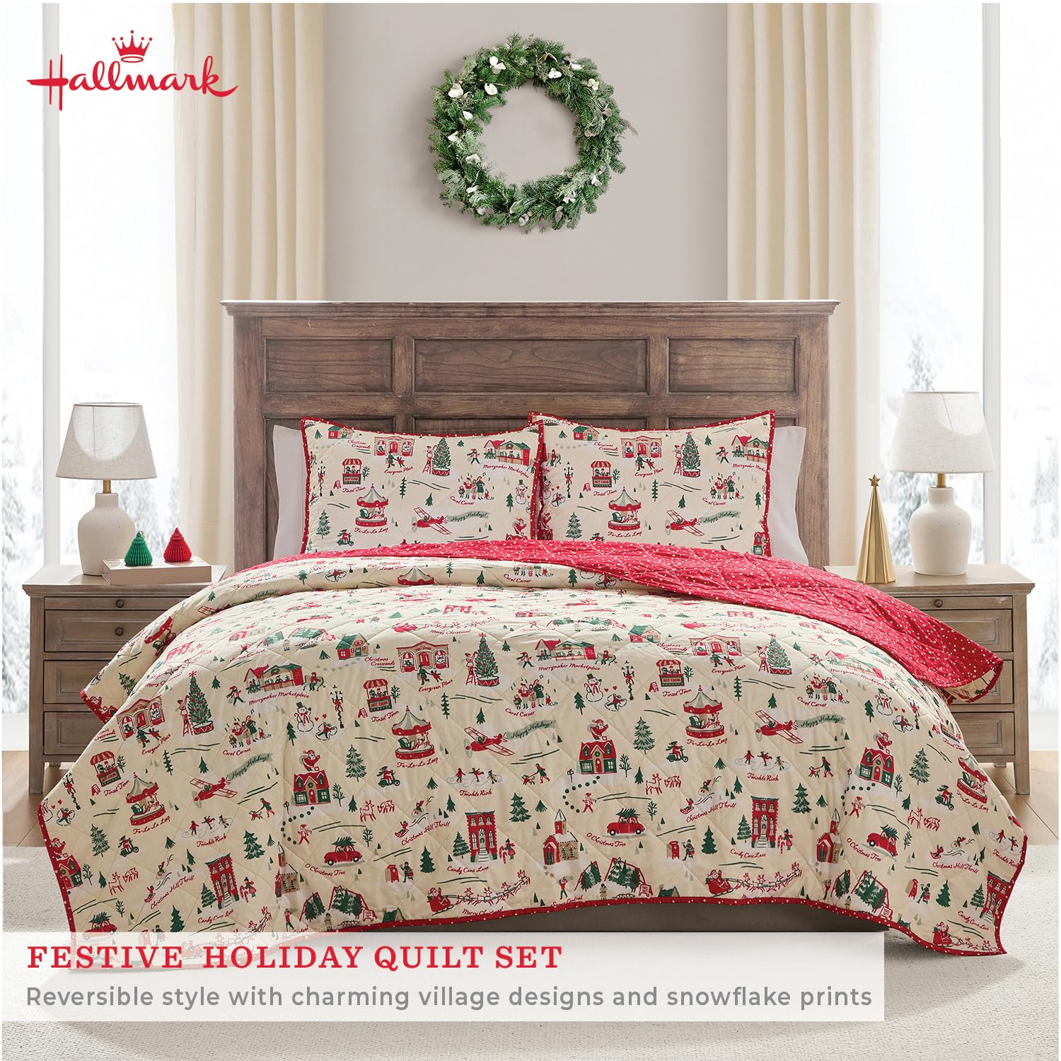 Hallmark King Size 3-Piece Holiday Quilt Set with Shams | Reversible Quilt with 2 Christmas Patterns | Lightweight & Cozy | Super Soft Microfiber Fabric | Wrinkle-Resistant | Multi Christmas Village