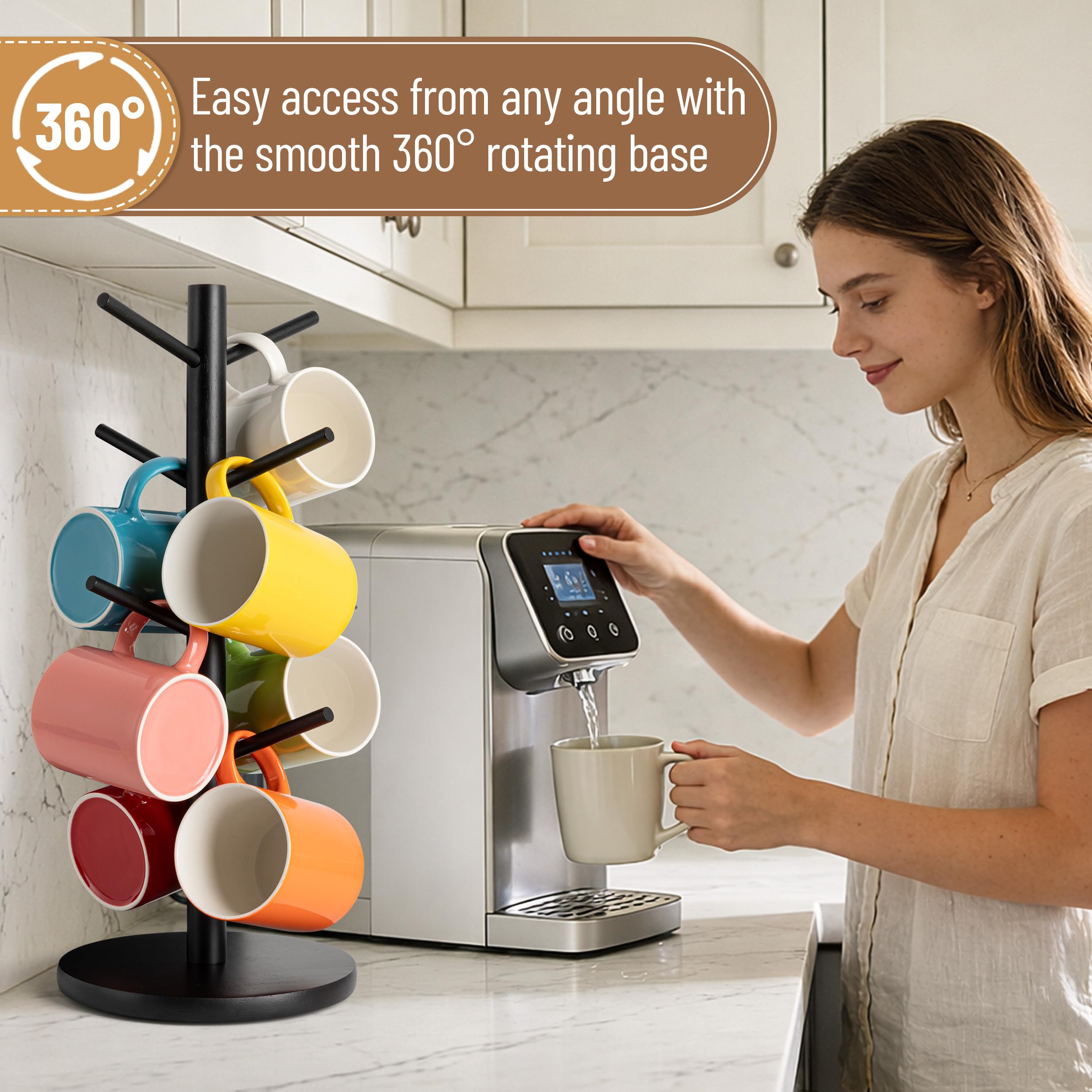 MyLifeUNIT Mug Holder Tree, 360° Rotated Coffee Cup Holder with 8 Hooks, Wooden Mug Rack Stand for Counter Top, Coffee Bar Accessories (Black)
