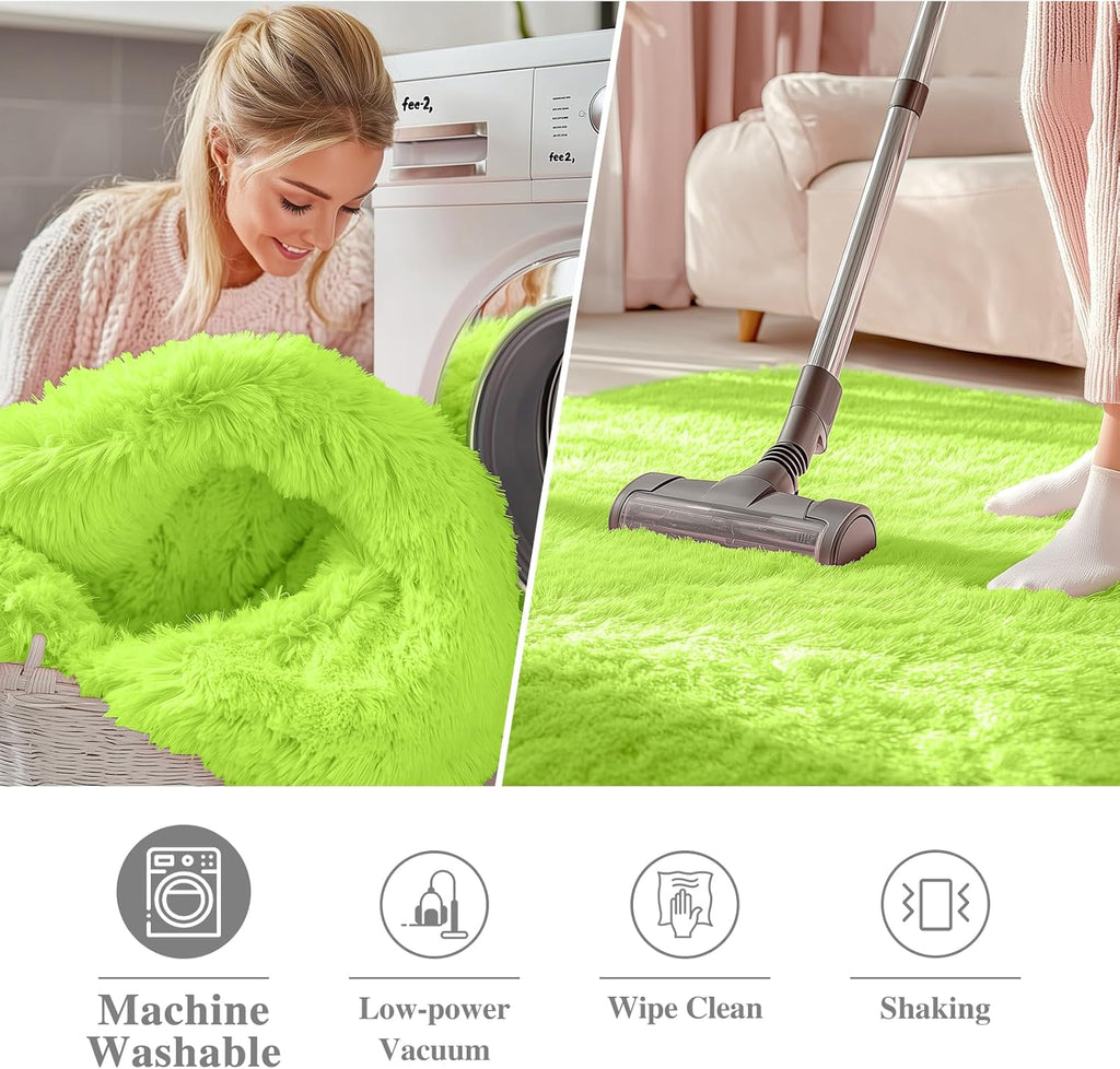 OLANLY Round Lime Green Area Rug - Soft, Fluffy, Machine Washable 6 ft Circle Carpet for Bedroom & Living Room
