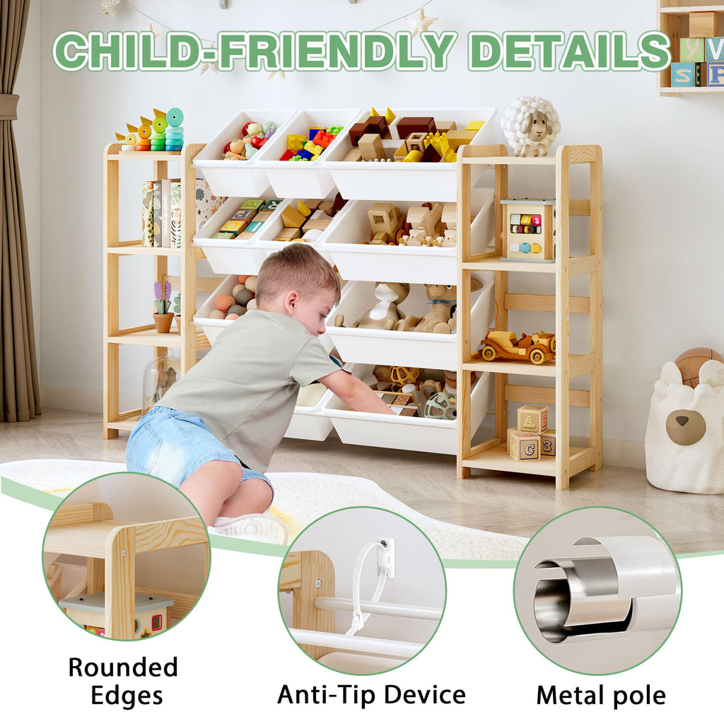 MallBest Extra Wide Toy Storage Organizer with 12 Bins and Dual Bookshelves – Solid Pine Wood Kids Toy Shelf and Bookcase for Bedroom, Nursery, or Montessori Playroom, (Natural)