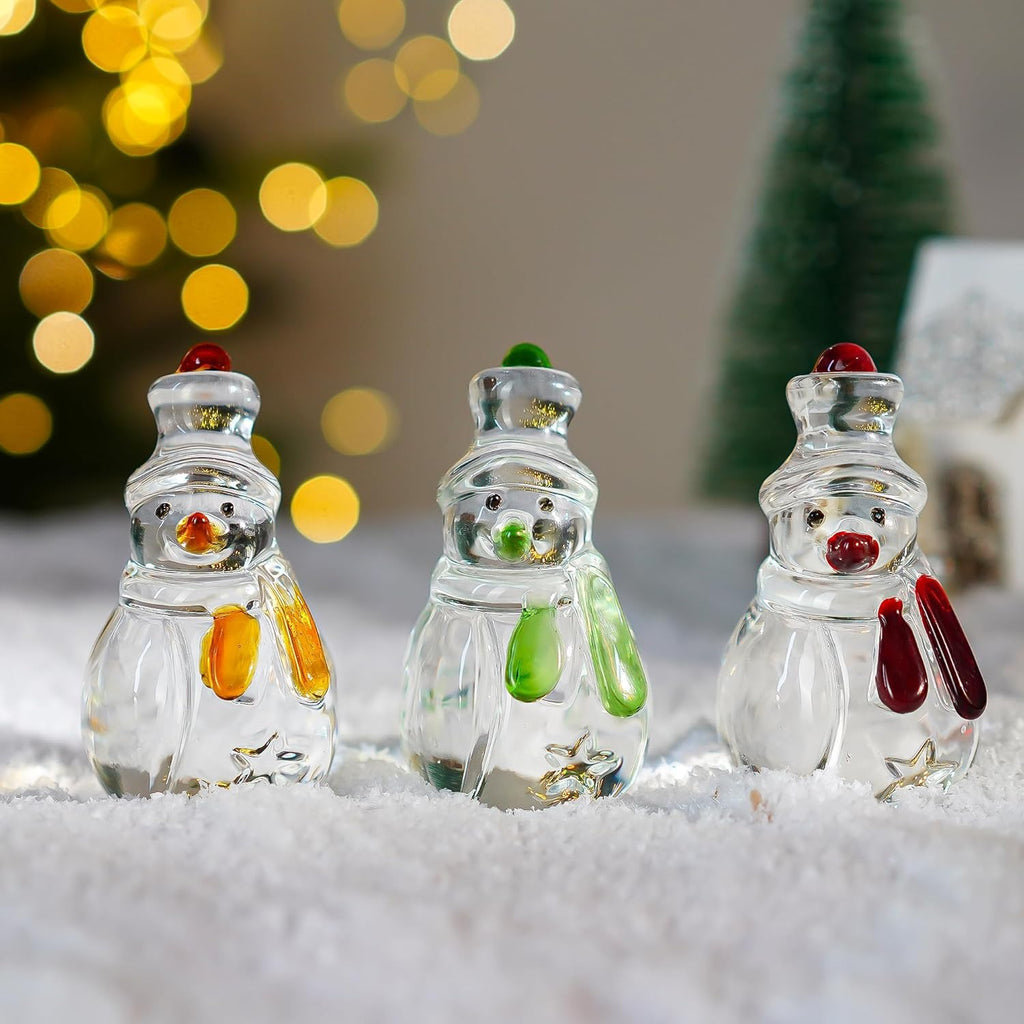 Skiennix Glass Snowman Figurines - Handmade Christmas Decorations | Set of 3, 1.6'' x 4.2''