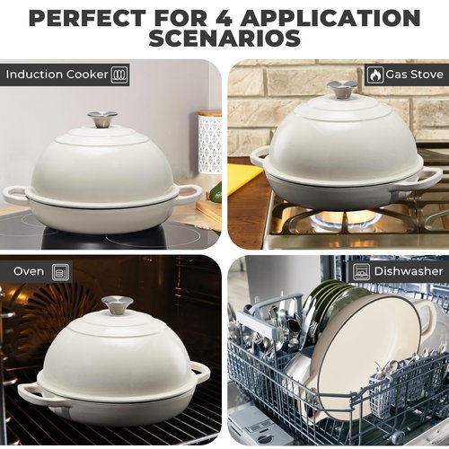 Cast Iron Bread Oven for Sourdough, 6Qt Bread Baking Pan with Lid, Enameled Sourdough Dutch Oven for Bread Baking, Oven Safe up to 482℉, White