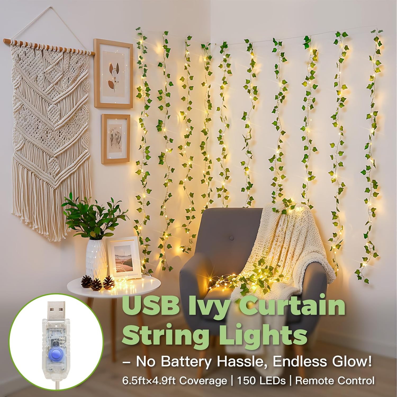 Suddus Vines with Lights - 150 LED Fairy Lights for Bedroom & Party Decor | 6.5ft x 4.9ft Ivy Curtain