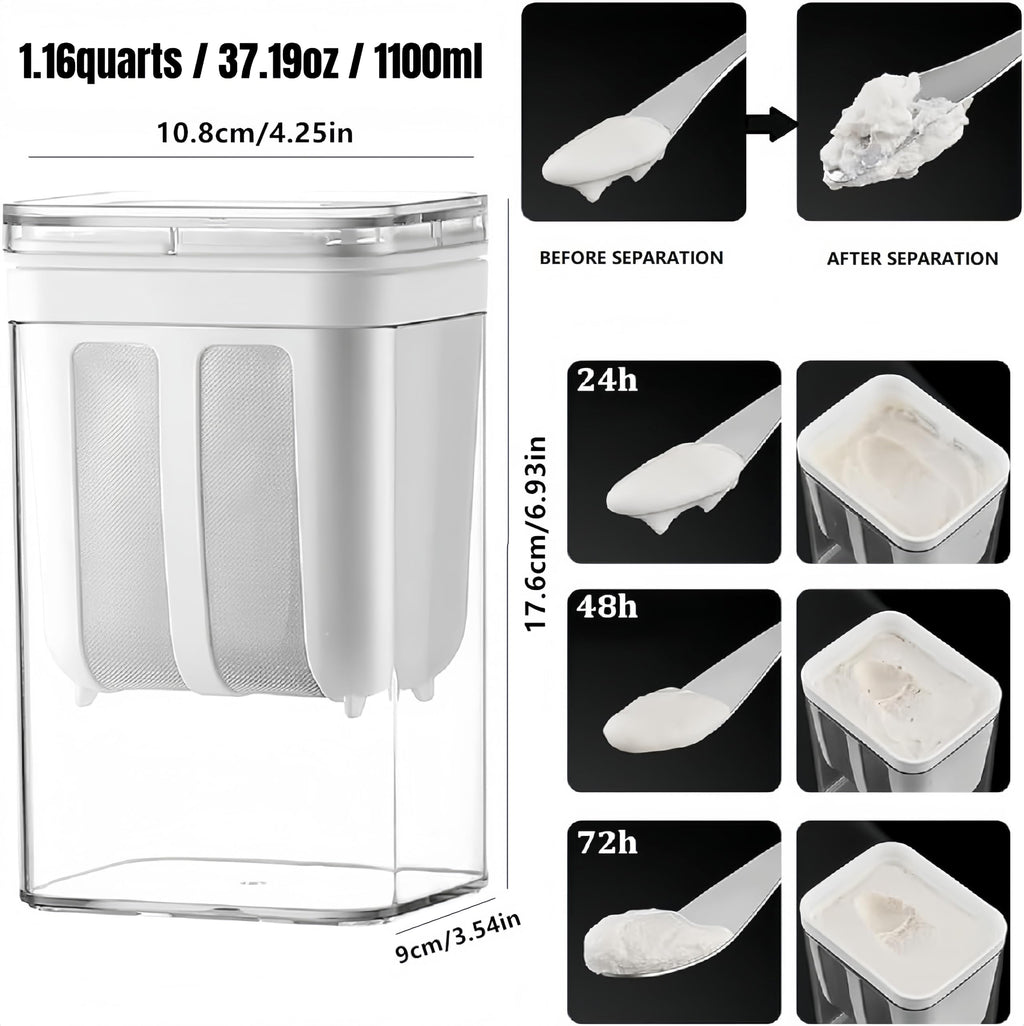 Yogurt Strainer—[1.16QT/0.29GAL] Total & [0.55QT/0.1375GAL] Filter, Greek Yogurt Strainer Yogurt Press, BPA-Free PP Strainer for Whey Separation & Greek Yogurt Maker(Total1.16QT)