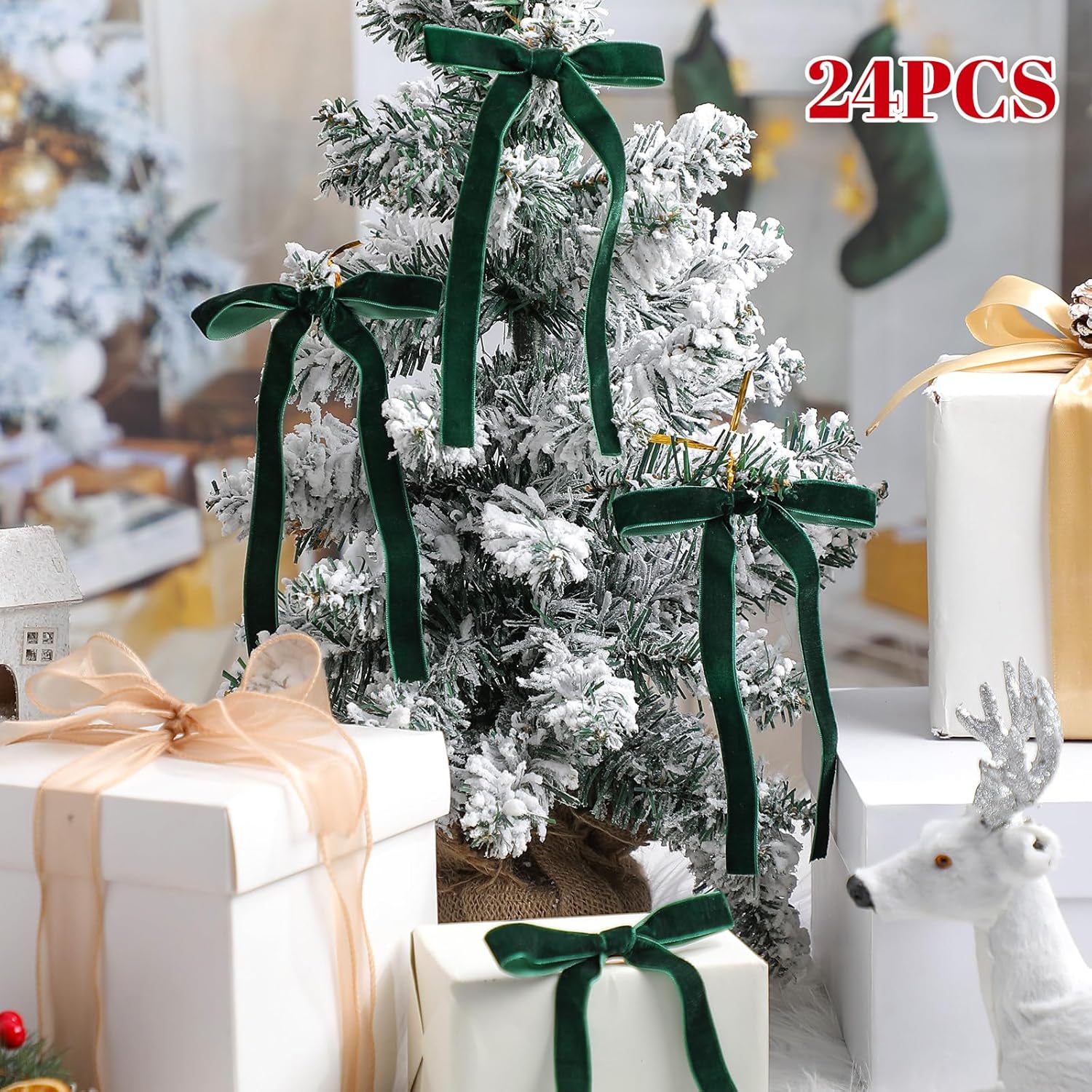 Skiennix Velvet Bows - 24 Pcs Vintage Ribbon Bows for Christmas Tree & Crafts | Dark Green, 5 x 7 Inch