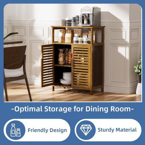 HITNET Walnut Bathroom Floor Cabinet, Bamboo Side Tall Storage Organizer, Freestanding Kitchen Cupboard with Door and Shelf