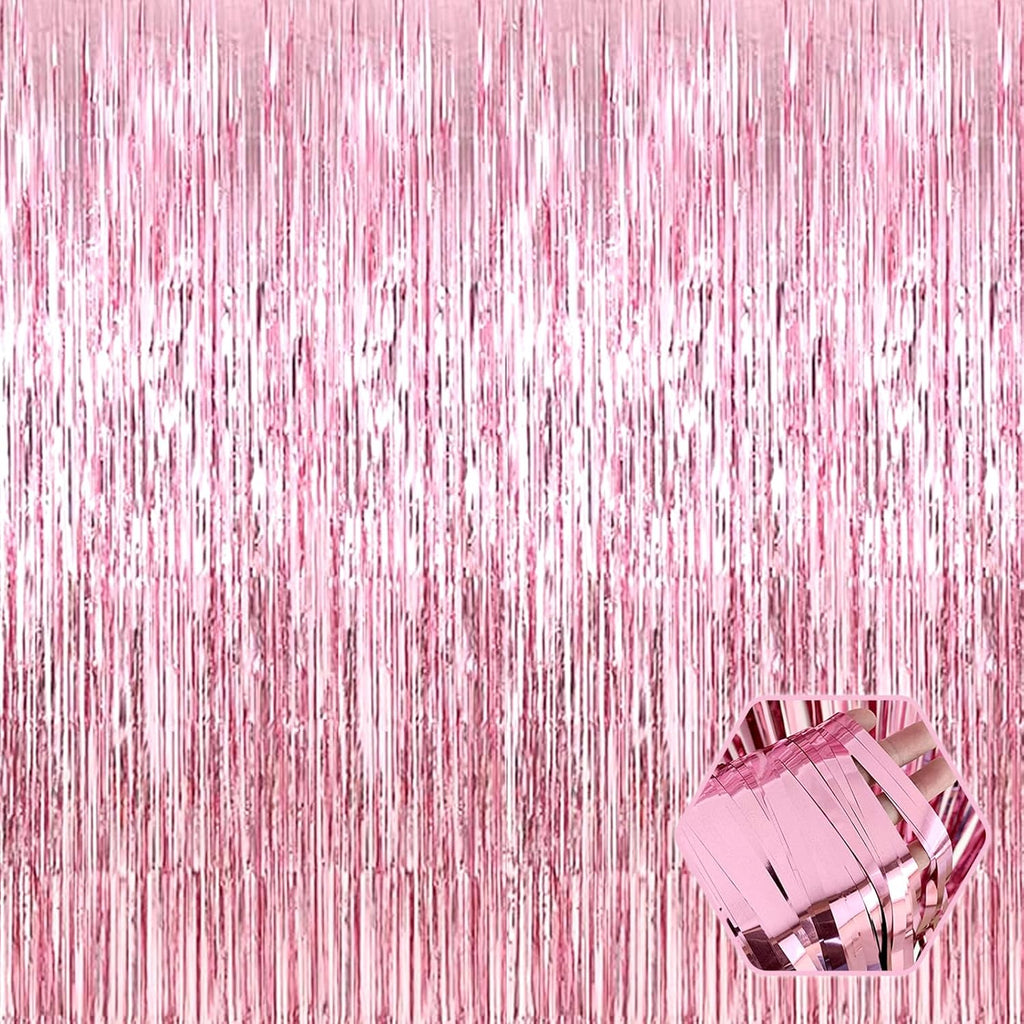 Pink Foil Fringe Curtain Backdrop by [Brand Name] - 3 Pack Metallic Tinsel Streamers | 3.28Ft x 8.2Ft for Parties & Events