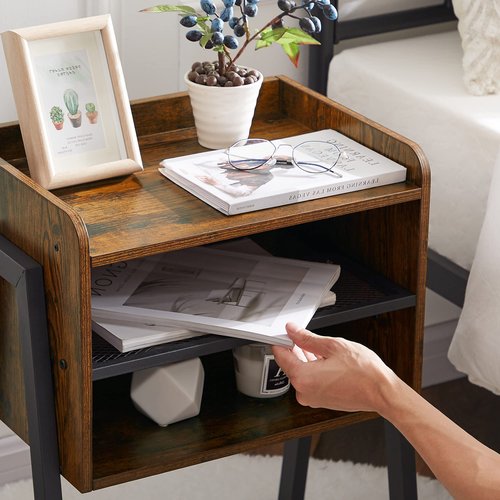 VECELO Nightstand Industrial Side End Table/Stackable Accent Furniture with 2-Tier Open Storage Compartments for Bedroom, Living Room and Small Spaces