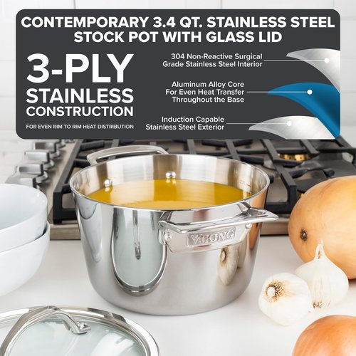 Viking Contemporary 3-Ply Stainless Steel Stock Pot, 3.4 Quart Soup Cooking Pot with Lid