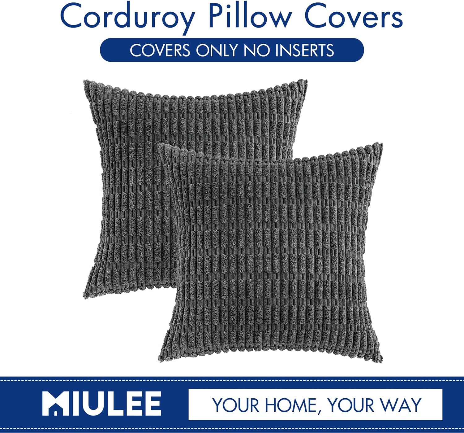 MIULEE Corduroy Throw Pillow Covers - Soft Boho Striped Design | 18x18 Inch Dark Grey Decor for Sofa & Bed