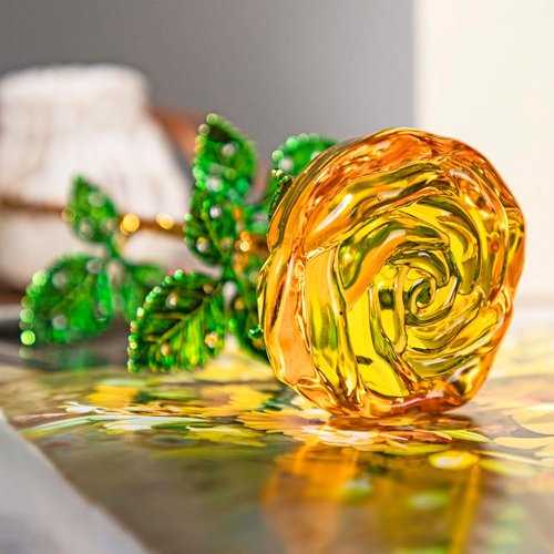 HDCRYSTALGIFTS Crystal Rose Flower Figurines - 9.5'' Purple & Yellow Glass with Green Leaves | Perfect Romantic Gifts for Her