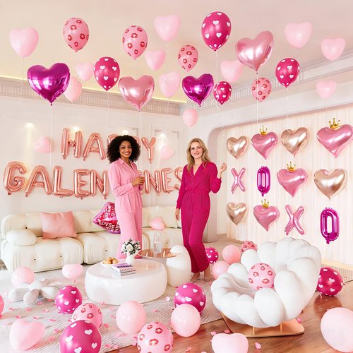 Happy Galentines Day Decorations Kit, Rose Gold Happy Galentines Banner with Heart, XOXO, Lips Foil Balloons, Rose Petals for Galentine’s, Valentines Decorations Party
