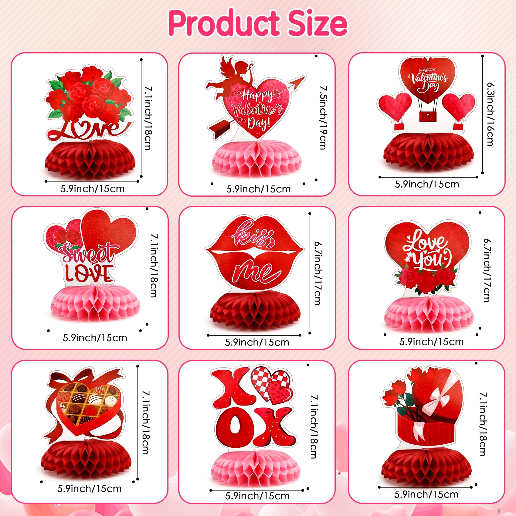 Valentines Day Honeycomb Centerpieces for Tables, 9Pcs Valentines Table Decorations Honeycomb Centerpiece, Red Heart 3D Centerpiece Table Decoration for Birthday Home Valentine's Party Decor Supplies