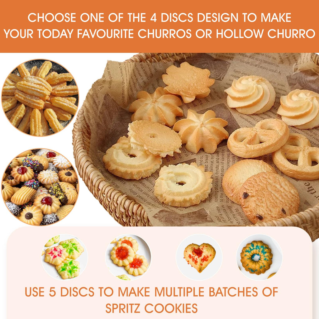 Churro Maker Machine, 21-Piece Stainless Steel Churro Gun Kit, Churros Maker Gun, Cookie Press Set, Hollow Churro, Spritz Cookie Press Gun with Piping Bag, Filler, 6 Tips, 9 Discs, 2 Brushes