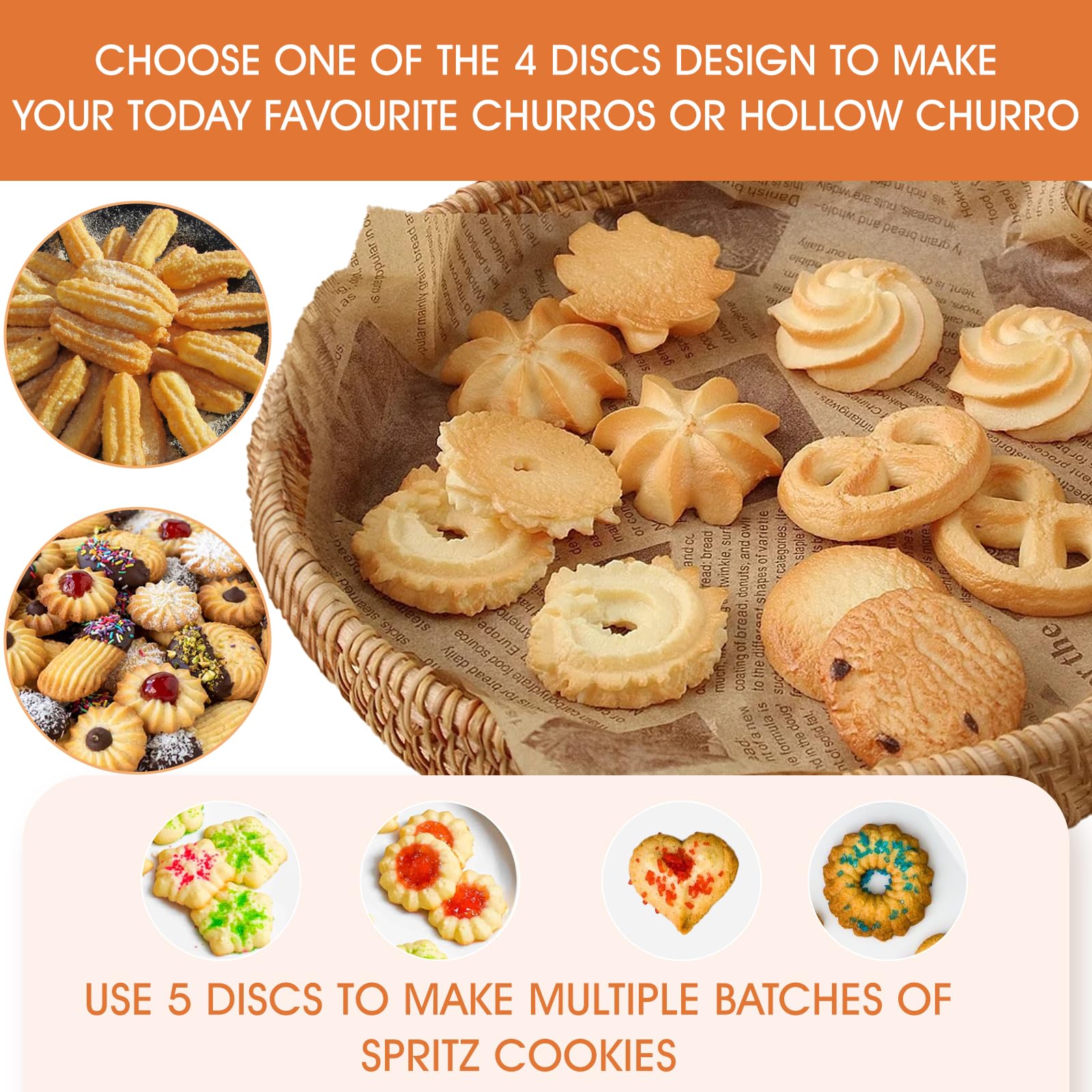 Churro Maker Machine, 21-Piece Stainless Steel Churro Gun Kit, Churros Maker Gun, Cookie Press Set, Hollow Churro, Spritz Cookie Press Gun with Piping Bag, Filler, 6 Tips, 9 Discs, 2 Brushes
