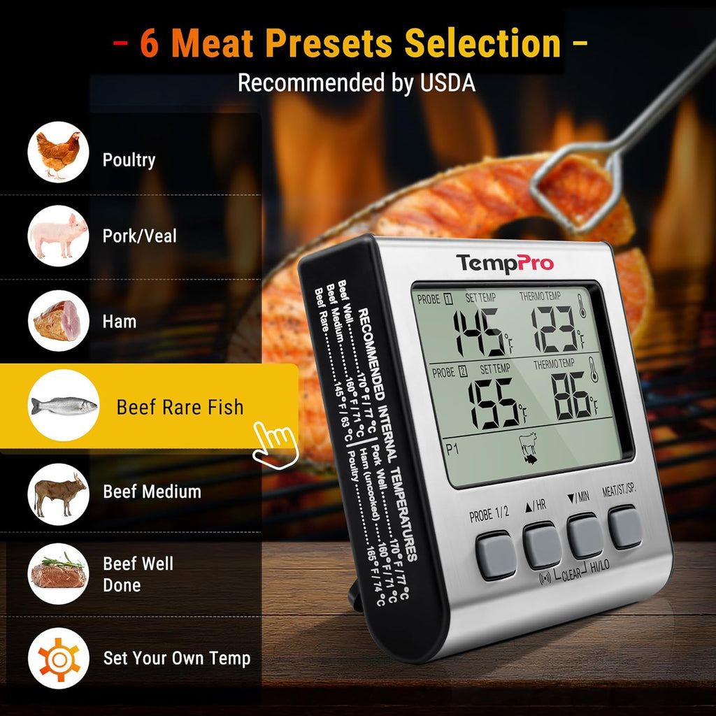 TempPro TP17 Dual Probe Digital Meat Thermometer - Large LCD Backlight & Timer for BBQ, Smoker, Oven - Silver