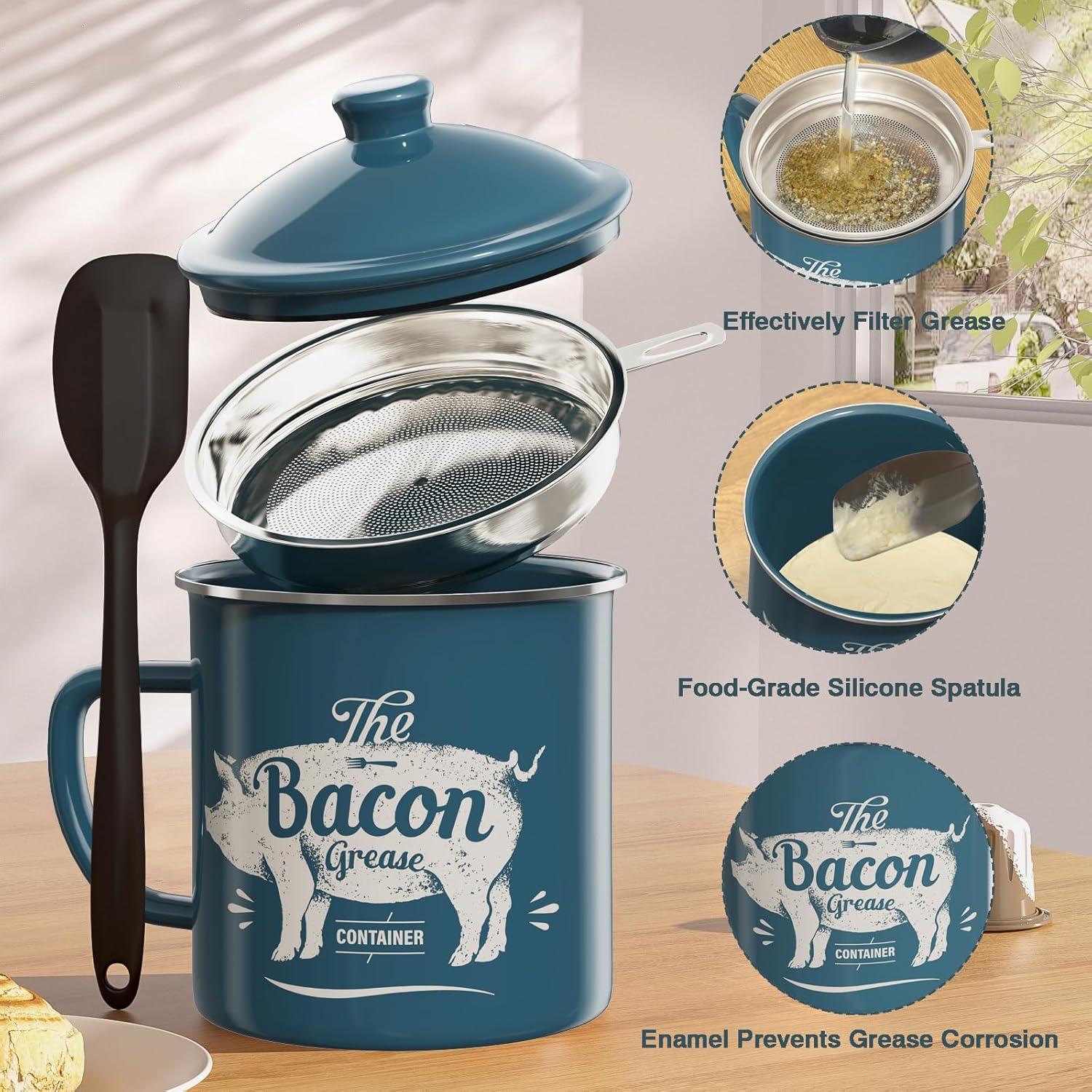 Skiennix Bacon Grease Container - 46oz Enamel Keeper with Strainer & Silicone Spatula | Dishwasher Safe - Blue