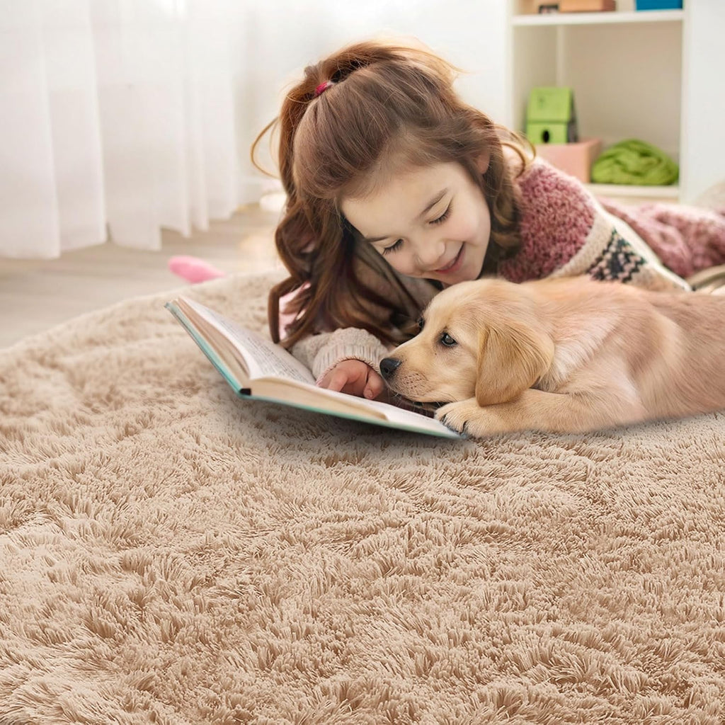 OLANLY Round Beige Area Rug - Soft, Fluffy, Machine Washable 2 ft Circle Carpet for Bedroom & Nursery Decor