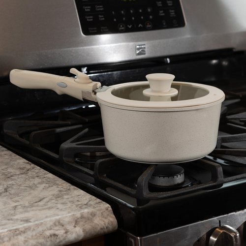 8-Piece Nonstick Induction Ceramic Cookware Set with Detachable Handle, Lids, Spatula & Steam Pan – Kitchen Essentials by Home-Complete (Cream)