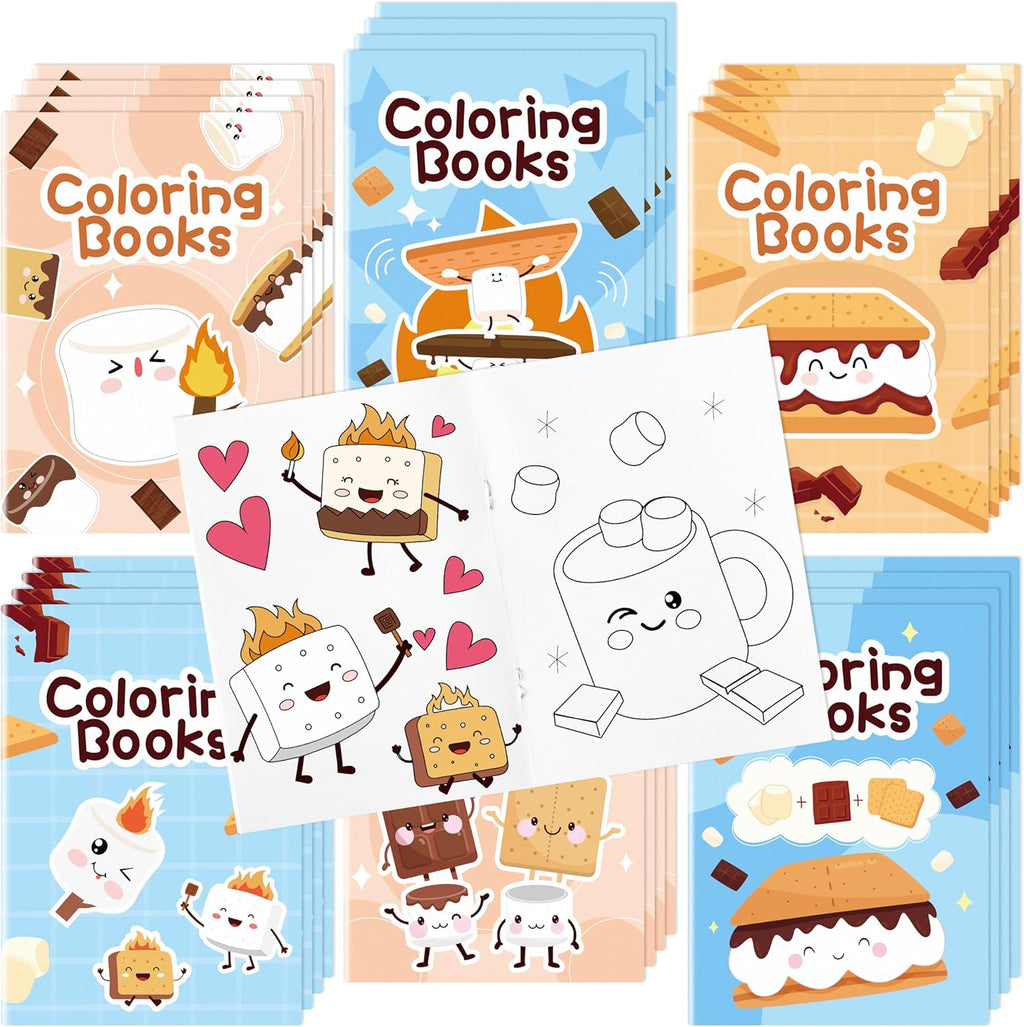 Marshmallow Mini Coloring Books - 24Pcs Campfire-Themed Art Set for Kids' Birthday Party Favors