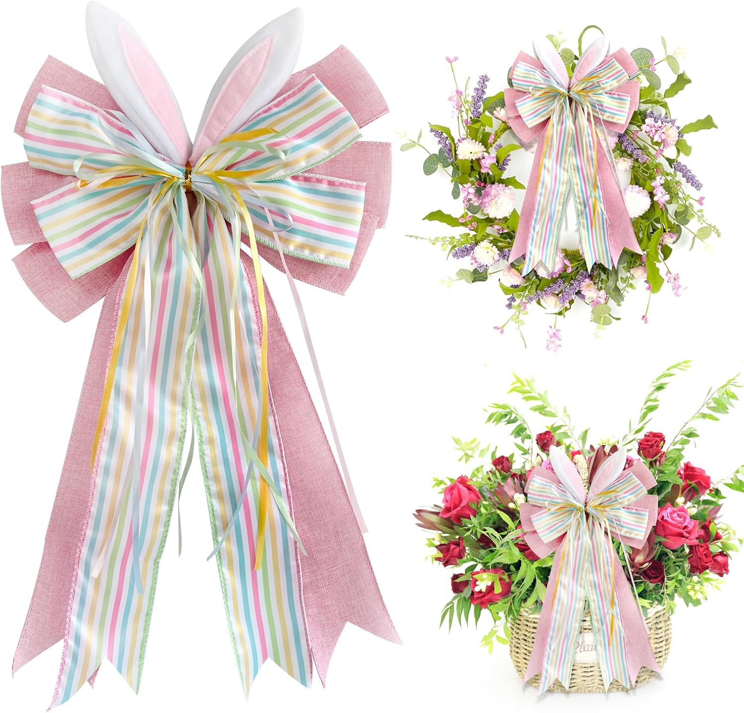 Skiennix Large Easter Pink Burlap Bow - 11.5 x 20 Inches with Bunny Ears for Wreaths & Gift Baskets
