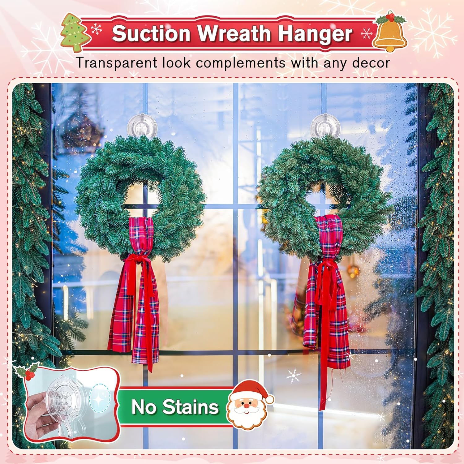 VIS'V Wreath Hanger - Heavy Duty Suction Cup Hooks | 22 LB Capacity, Removable & Reusable, Clear, 4 Pcs