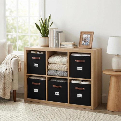 DECOMOMO Storage Bins - Fabric Cube Storage Bins with Labels | 10.5" x 11" - Set of 6, Black