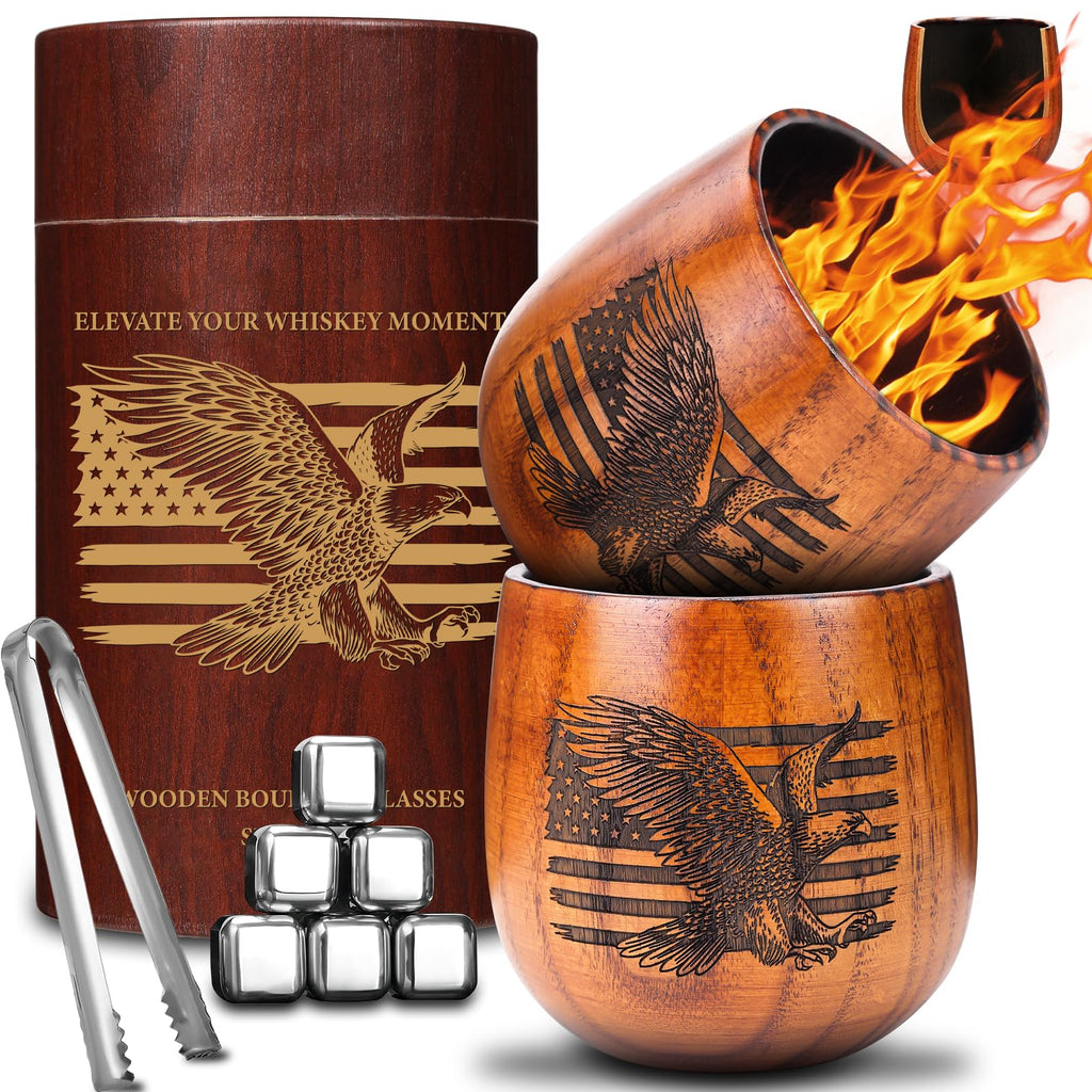 Original Charred Wooden Bourbon Drinking Glass, 11oz Handcrafted Engraved Wood Glass for Men | Unique Unbreakable Whiskey Glass for Dad, Brother, Husband