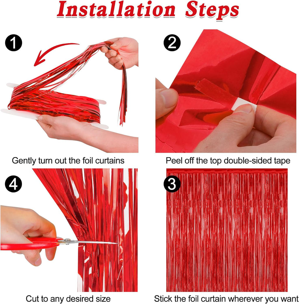 Regine Switzerland Red Curtains - 12 Pack Metallic Fringe Tinsel Backdrop | 3.28 FT x 7.05 FT Party Decor