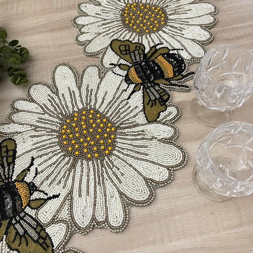 Handmade Beaded Table Runner - Bee on Flower Design, Vibrant Spring-Themed Beaded Runner, 13x36 Inches