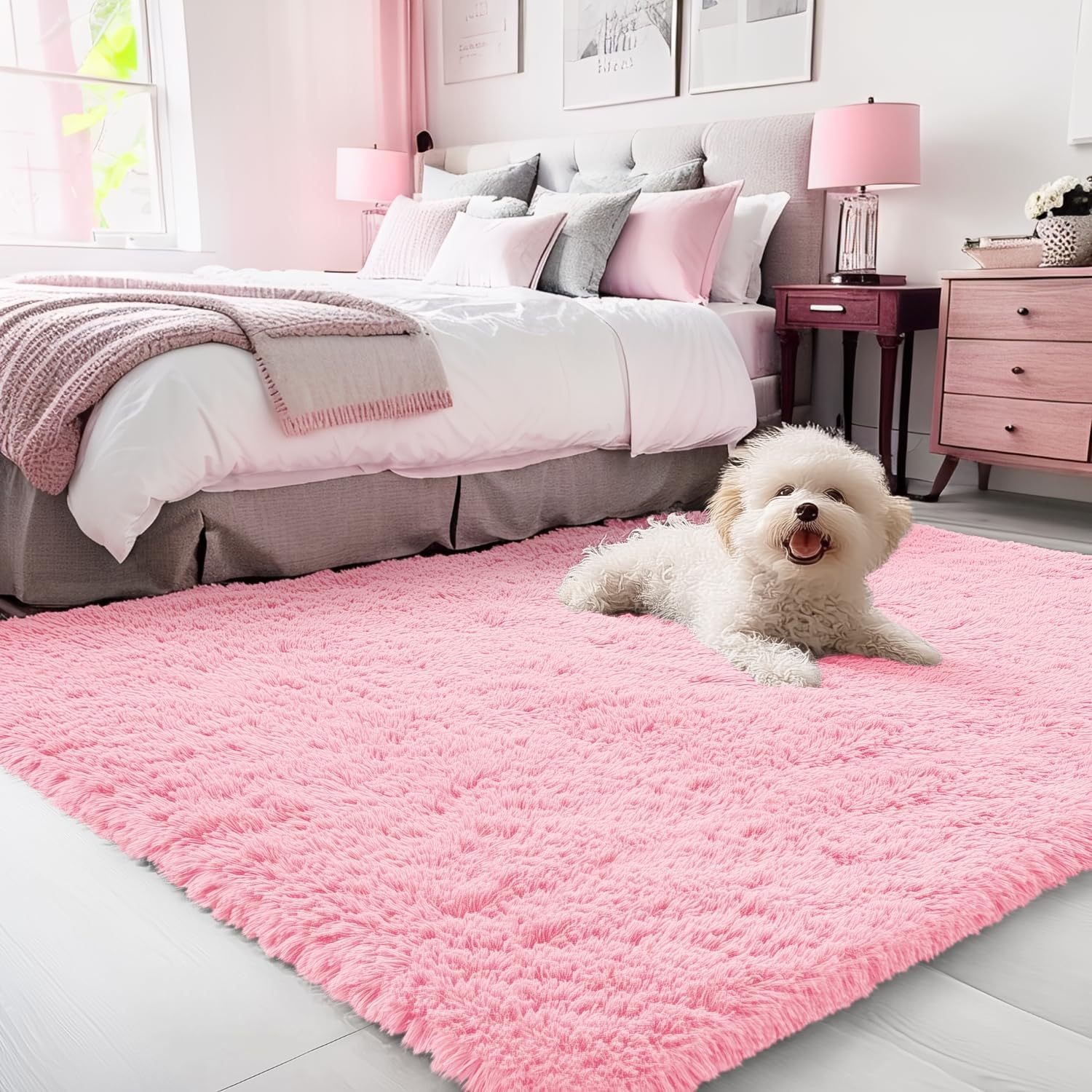 OLANLY Soft Fluffy Shaggy Bedside Rug - 3x5 Machine Washable Indoor Carpet for Kids & Nursery | Pink Home Decor