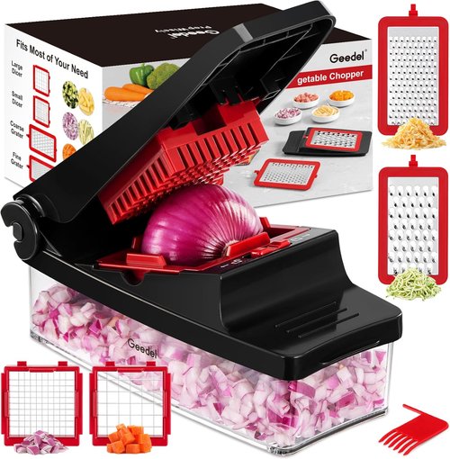 Geedel Vegetable Chopper - Pro Onion Slicer & Dicer with Container for Salad & Veggies | 4-in-1, Red