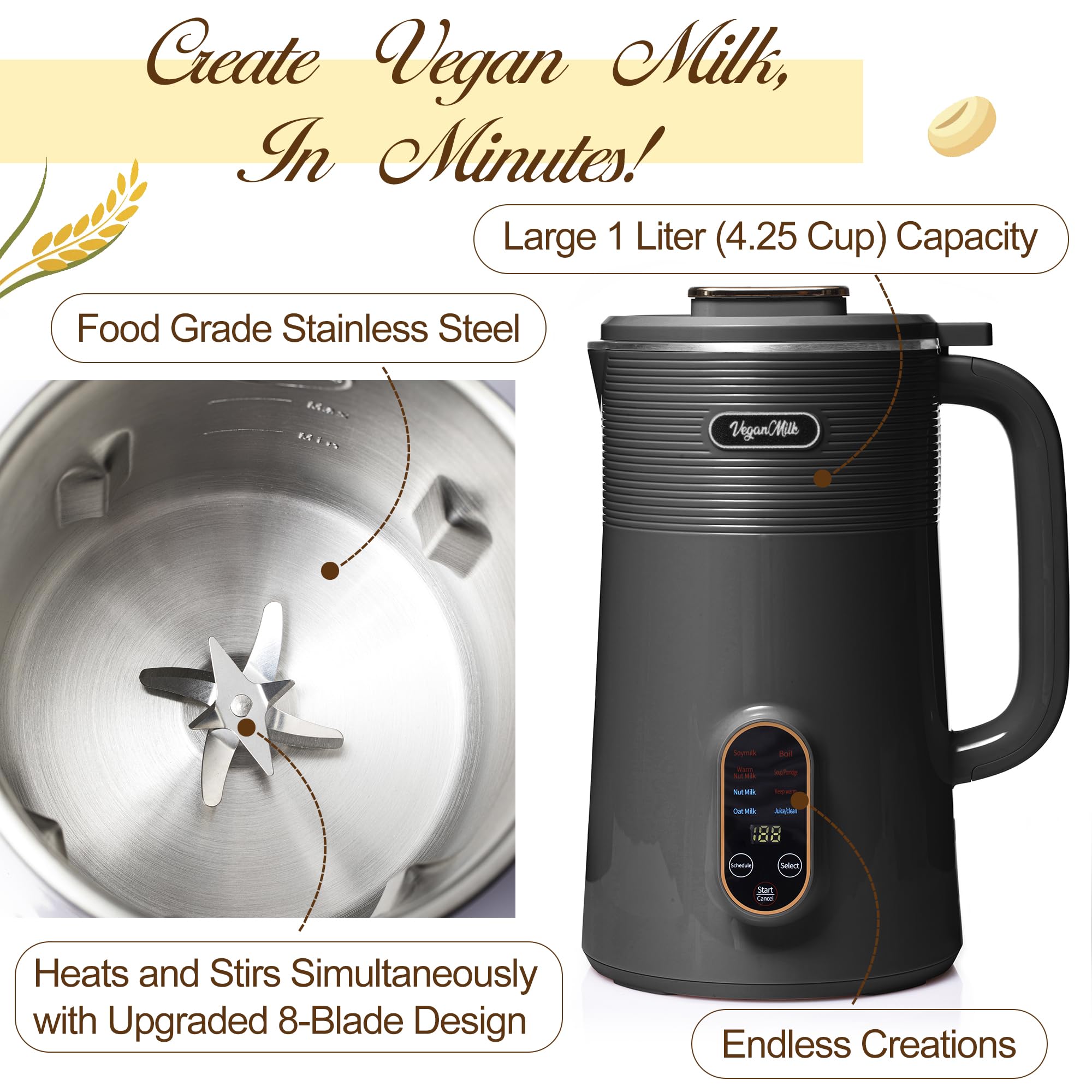 Nut Milk Maker Machine, Almond Milk Maker Machine, Soy Milk Maker Machine, Oat Milk Maker Machine - 8 in 1 Plant Based Milk Maker Machine Works as: Nut Milk Machine, Soymilk Maker & Soup Maker Machine