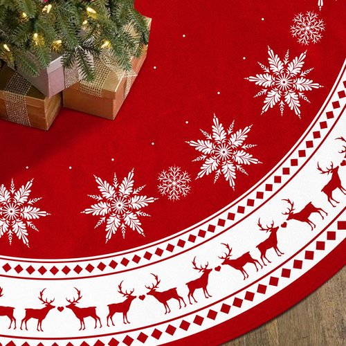 Christmas Tree Skirt 48 inch Large Tree Skirt Snowflake Reindeer Red Xmas Tree Skirt Rustic Christmas Tree Mat Decorations for Winter New Year Holiday Party Decor Indoor Outdoor (Santa, 48inch)