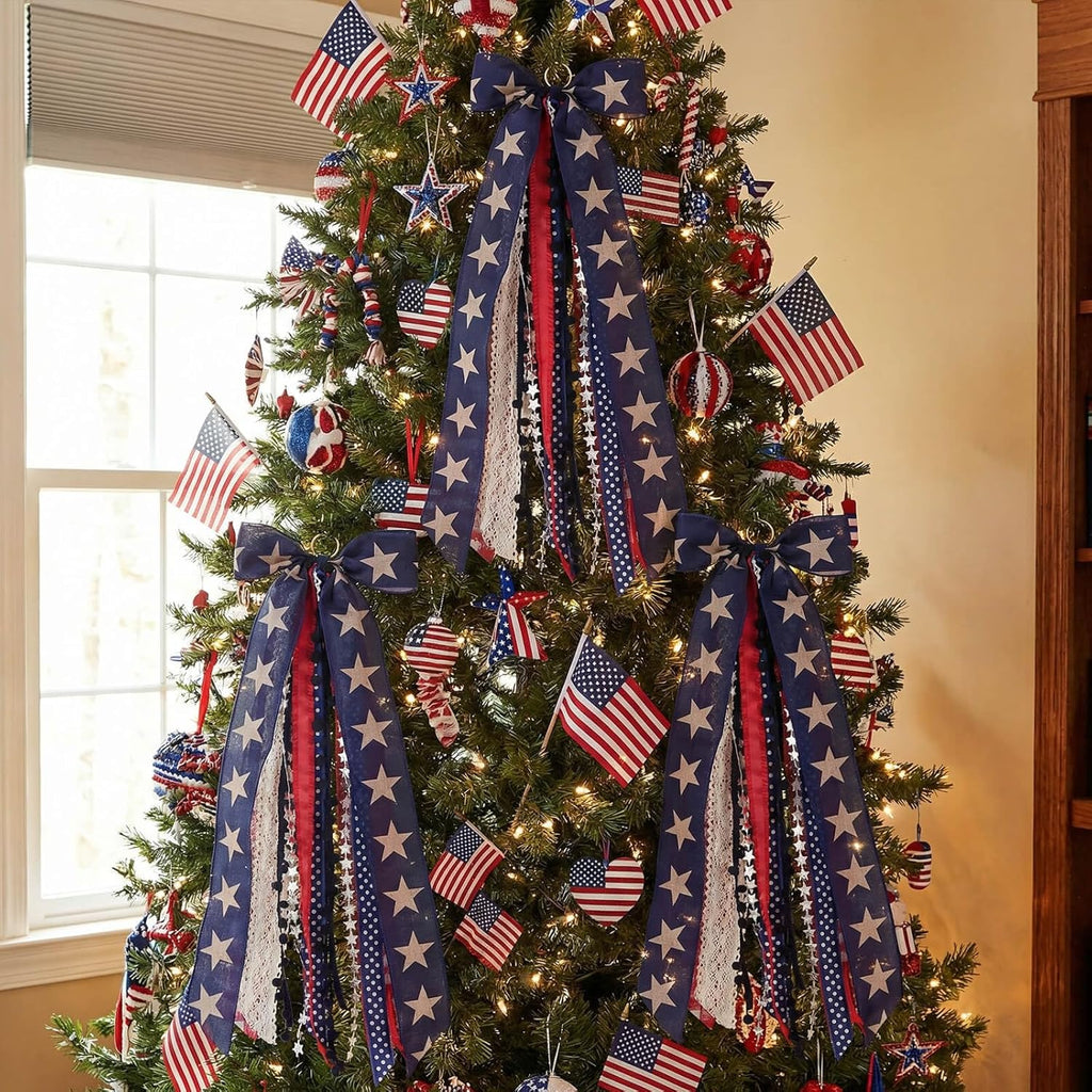 Patriotic Front Door Wreath by [Brand Name] - 8-Ribbon Americana Star Bow with Metal Clip | Red, White, and Blue Decor for Independence Day