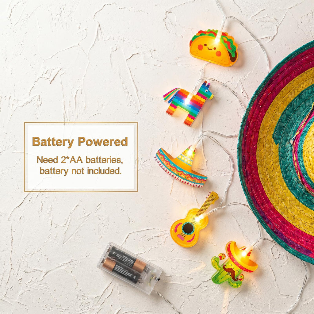 Cinco De Mayo Decorations Mexican Fiesta Theme Party String Lights, Fairy 10Led Battery Operated with Timer, Piñata Guitar Taco Sombrero Hat Cactus with Maracas Shaped Birthday Decor Tree Ornaments