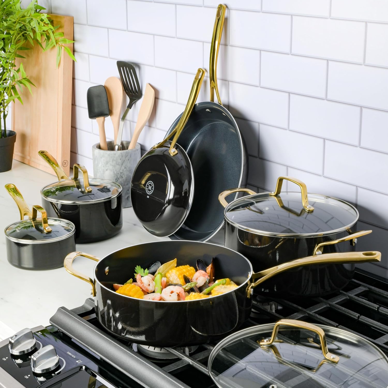 Martha Stewart Lockton 14-Piece Non-Stick Cookware Set - Heavy-Gauge Aluminum in Black with Gold Handles