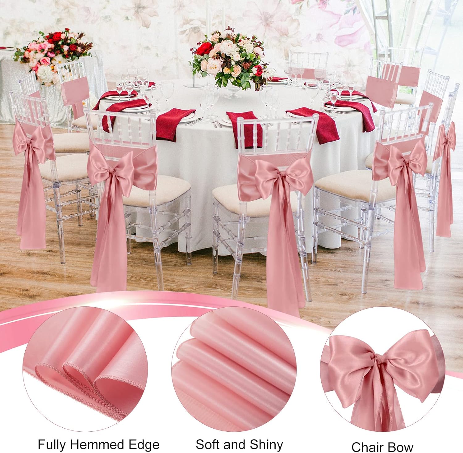 XunYee Satin Chair Sashes - 80 Pack Rose Gold Bow Ties for Weddings, Events & Parties