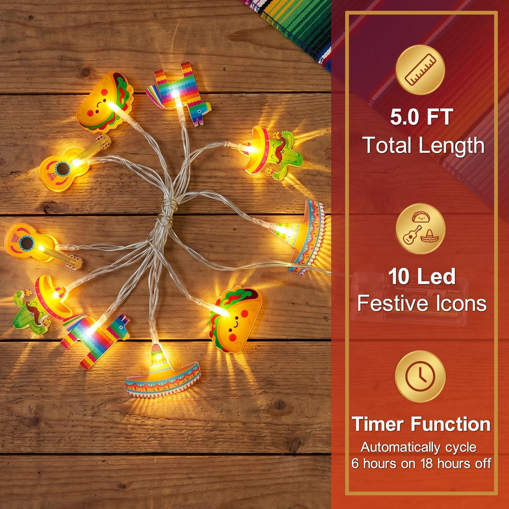 Cinco De Mayo Decorations Mexican Fiesta Theme Party String Lights, Fairy 10Led Battery Operated with Timer, Piñata Guitar Taco Sombrero Hat Cactus with Maracas Shaped Birthday Decor Tree Ornaments