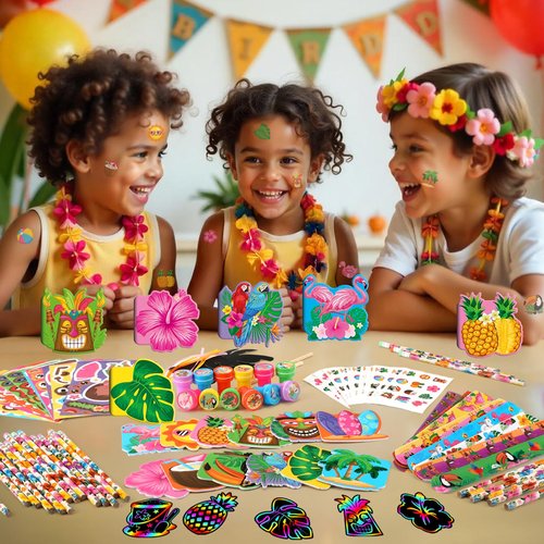 BenLouis 108Pcs Hawaiian Luau Party Favors Aloha Summer Tropical Tiki Theme School Stationery Set Bulk for Kids Beach Pool Birthday Party Goodie Bag Stuffers Classroom Gifts Rewards Pinata Filler