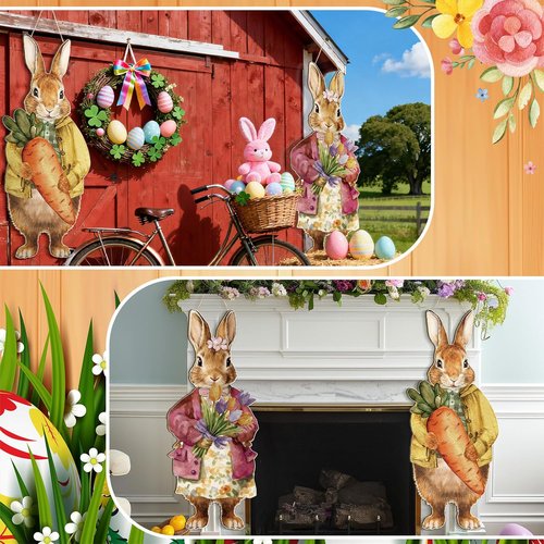 Anglechic Large Easter Bunny Door Sign - 12.1 x 29.3 Inch Wooden Decor with Floral Carrot | Farmhouse Style for Front Door