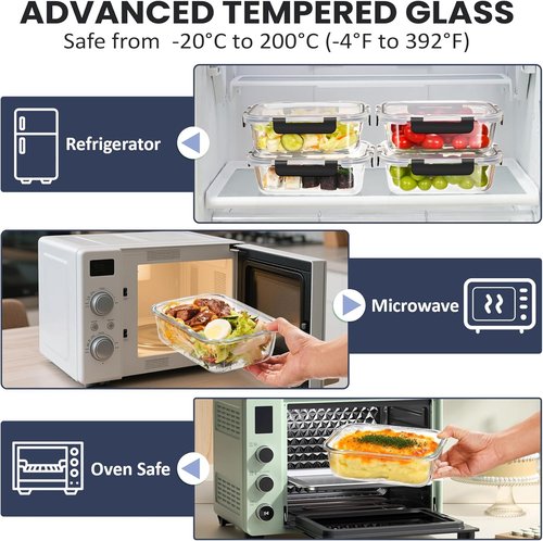 HOTEC 35oz Glass Food Storage Containers - Airtight Lunch & Fruit Containers, 4-Pack | Microwave & Oven Safe