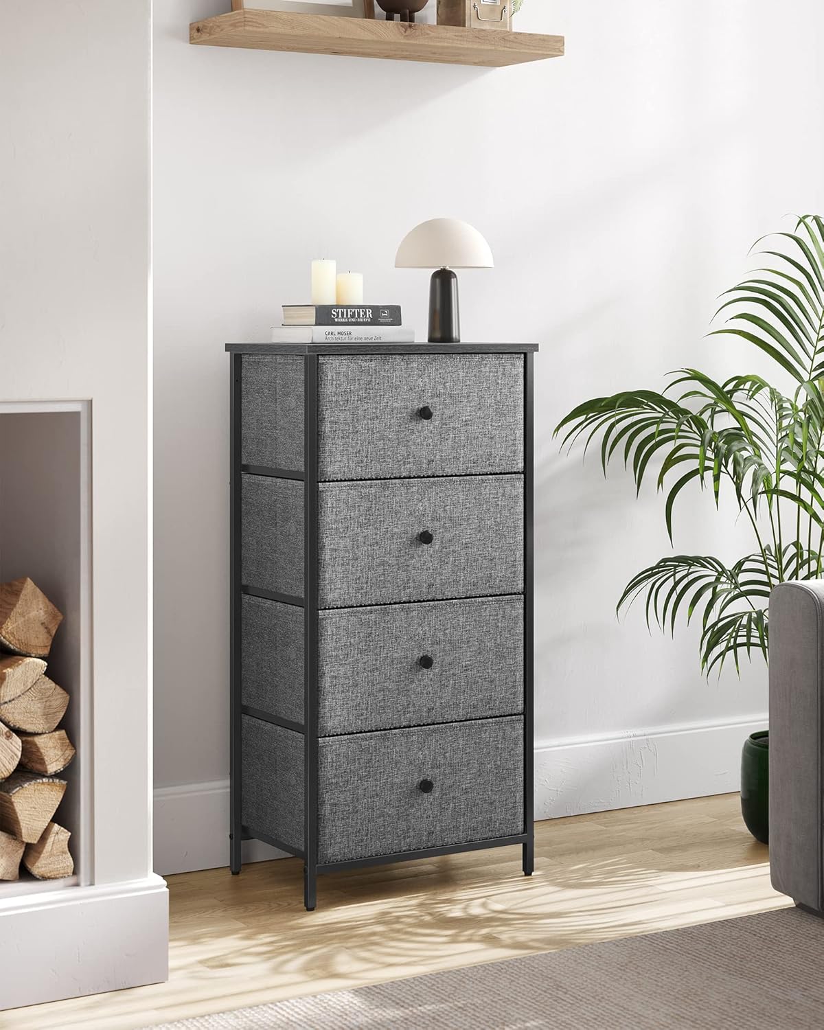 SONGMICS Fabric Dresser - 4 Drawer Small Chest with Metal Frame | Gray and Black Wood Grain Finish