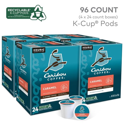 Caribou Coffee Caramel Flavored K-Cup Pods - Medium Roast, 96 Count Box (Pack of 4)