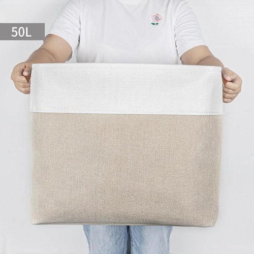 Bagnizer Large Fabric Storage Baskets - 50L Decorative Linen Bins with Handles for Organizing | Beige & White, 17x12x15 Inches