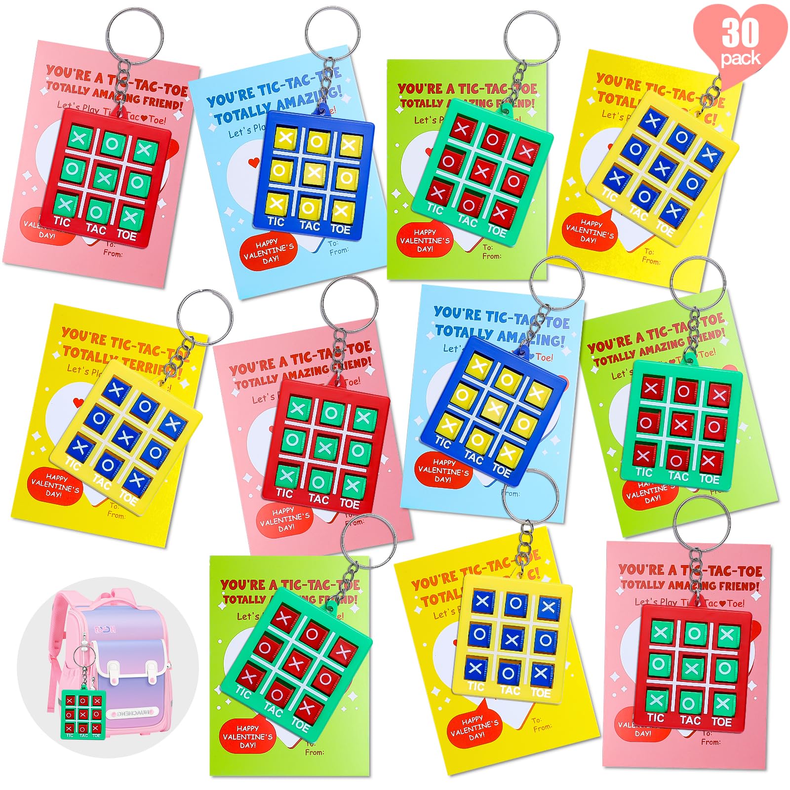 Sundrence Valentines Day Gifts for Kids Classroom - 30 Pack Tic Tac Toe Game Keychain Valentine for Kids Class, Tic Tac Toe Valentines Day Cards for Party Boys Girls, Gifts for Classroom Exchange