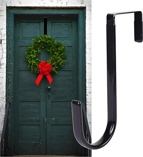 Black Wreath Hanger - Durable Metal Over-The-Door Hook for Christmas Decorations