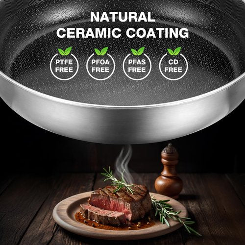 PekGema Hybird Nonstick Frying Pan with Lid 12 inch, Stainless Steel Skillet, Ceramic Non-stick Oven-Safe Chef Pan, Induction Ready, PFOA PFAS FREE Cookware