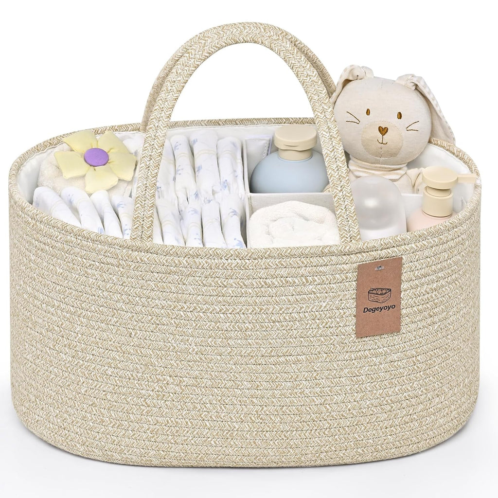 Skiennix Baby Diaper Caddy Organizer - 19L Cotton Rope Storage Basket with Removable Divider | Ideal for Nursery & Car