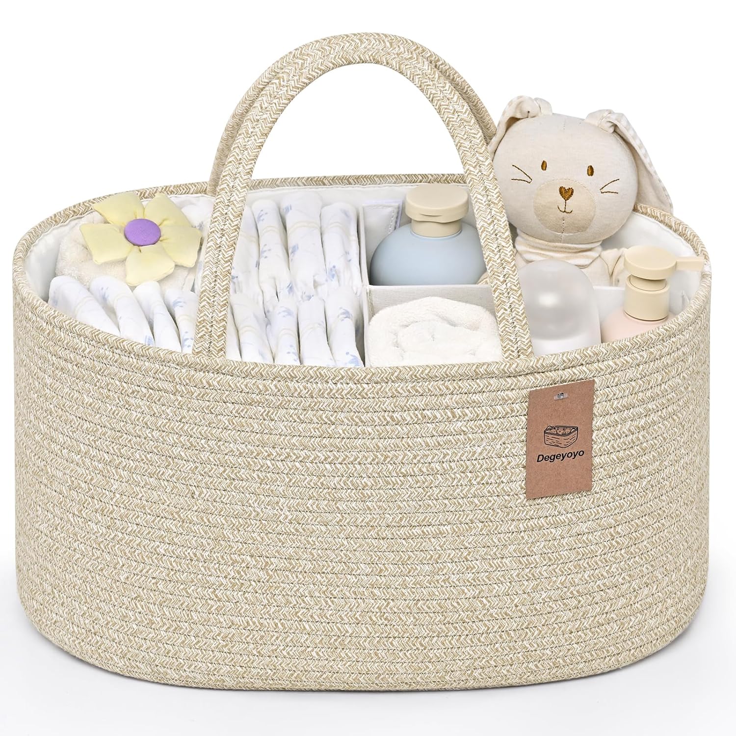 Skiennix Baby Diaper Caddy Organizer - 19L Cotton Rope Storage Basket with Removable Divider | Ideal for Nursery & Car